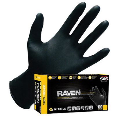 SAS Raven 66517 Extra Strength Disposable Gloves, Medium, Nitrile, Black