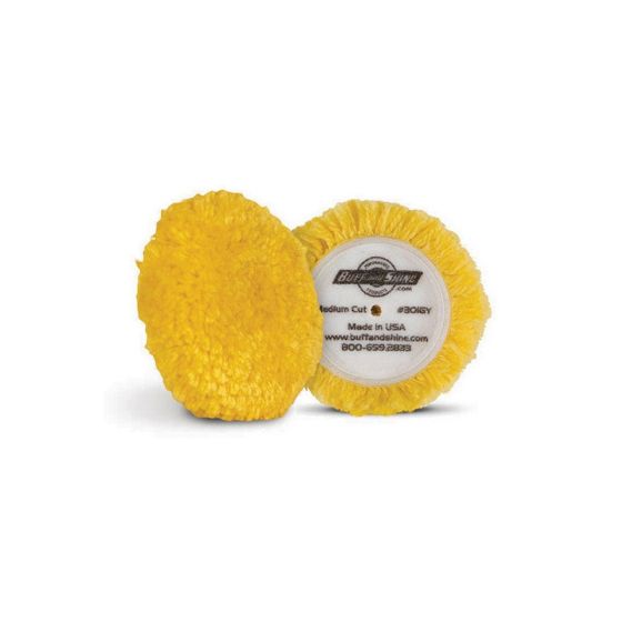 BUFF and SHINE 301GY Buffing Pad, 3 in Dia, Hook and Loop Attachment, Twisted Wool Blend Pad, Yellow