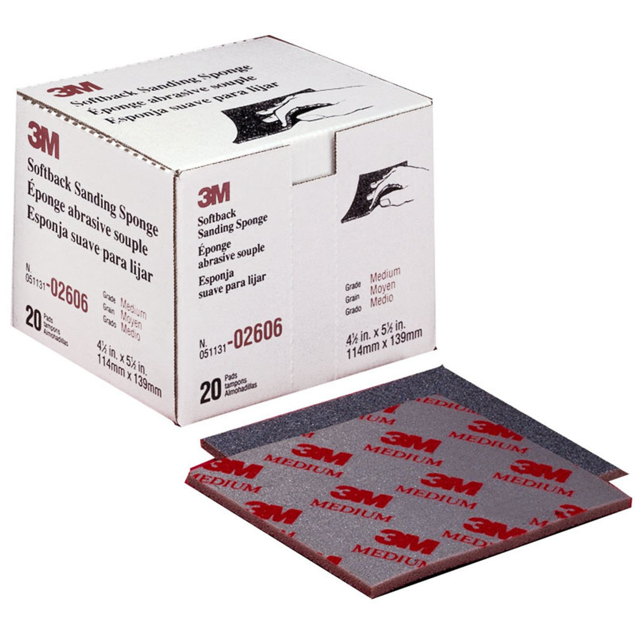 3M 02606 Softback Sanding Sponge, 4-12 in W x 5-12 in L, 120180 Grit, Medium Grade, Gray Color