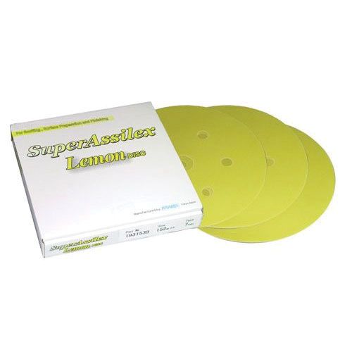 KOVAX Super Assilex 193-1539 Sanding Disc, 6 in Dia, 800 Grit, Lemon, Dry, Hook and Loop Attachment, 7 Holes