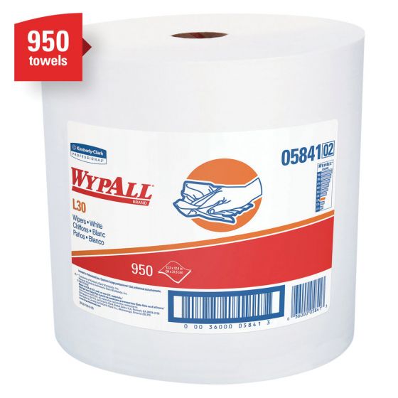 WypAll 05841 L30 Series Jumbo Roll Towel, 13.4 x 12.4 in, 950, Double Re-Creped, White, 1 Plys