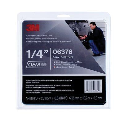 3M 06376 Automotive Attachment Tape, 20 yd x 1/4 in, 0.76 mm THK, Gray