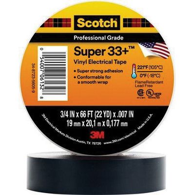 Scotch Super 33+ 06133 Premium Grade Electrical Tape, 52 ft x 3/4 in, 7 mil THK, Black